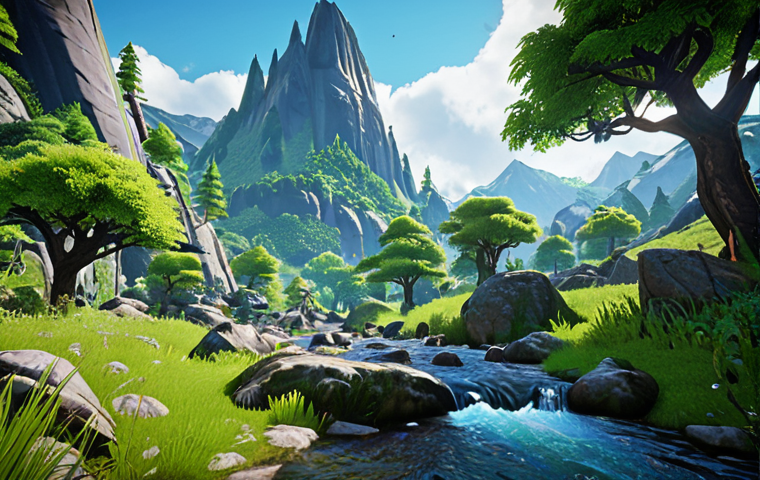 **

Lush, vibrant landscape inspired by Genshin Impact graphics: towering mountains, detailed trees, flowing water, realistic textures. Fantasy game environment, high-quality rendering.

**