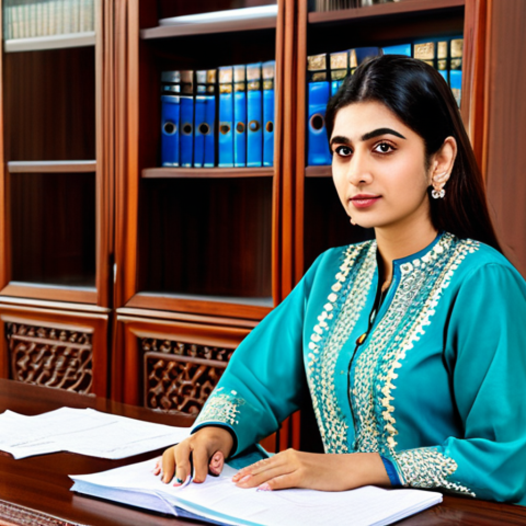 ** A professional Pakistani businesswoman in a modest shalwar kameez with intricate embroidery, sitting at a beautifully carved wooden desk in a brightly lit, modern office in Karachi. Safe for work, appropriate content, fully clothed, professional, perfect anatomy, correct proportions, natural pose, well-formed hands, proper finger count, natural body proportions, high quality.

**