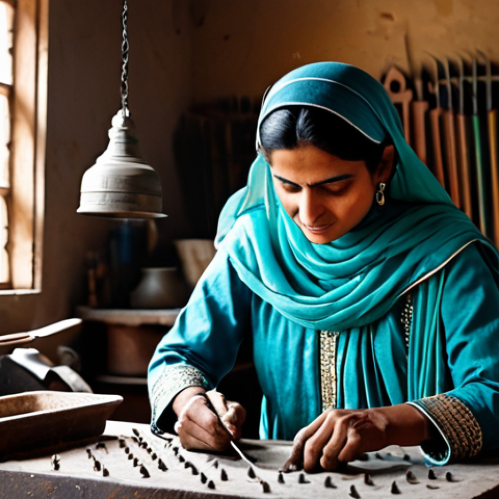 원신 무기 강화 재료 수급 - **Prompt:** A skilled female artisan in traditional Pakistani dress, carefully crafting intricate me...