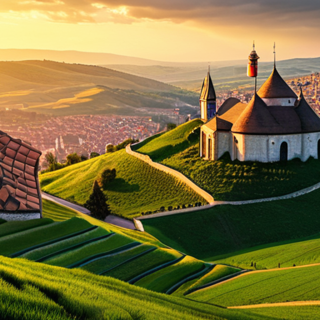 원신 세계관 확장 정보 - "A stunning vista of مونڈسٹڈ, the City of Freedom, bathed in the golden light of sunset. Windmills g...