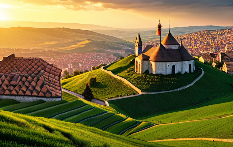 원신 세계관 확장 정보 - "A stunning vista of مونڈسٹڈ, the City of Freedom, bathed in the golden light of sunset. Windmills g...