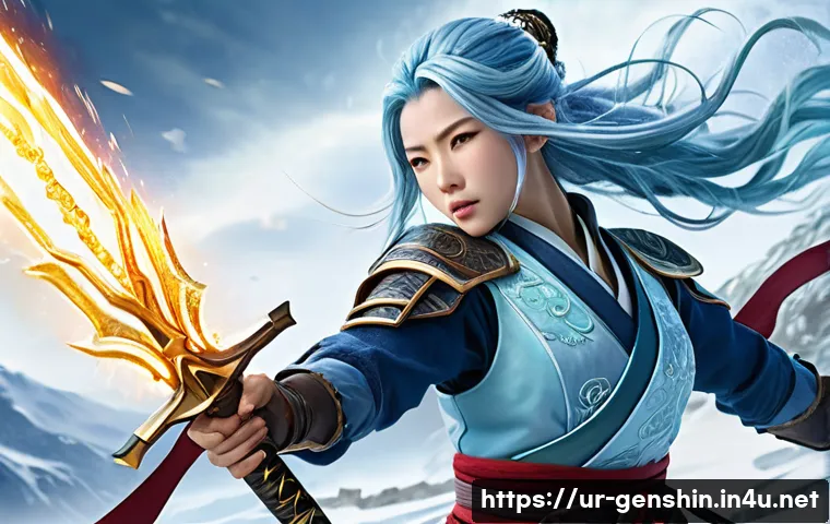 원신 아야카 빌드 - Kamisato Ayaka, an elegant and determined swordswoman, is depicted mid-battle, her long, light-blue ...