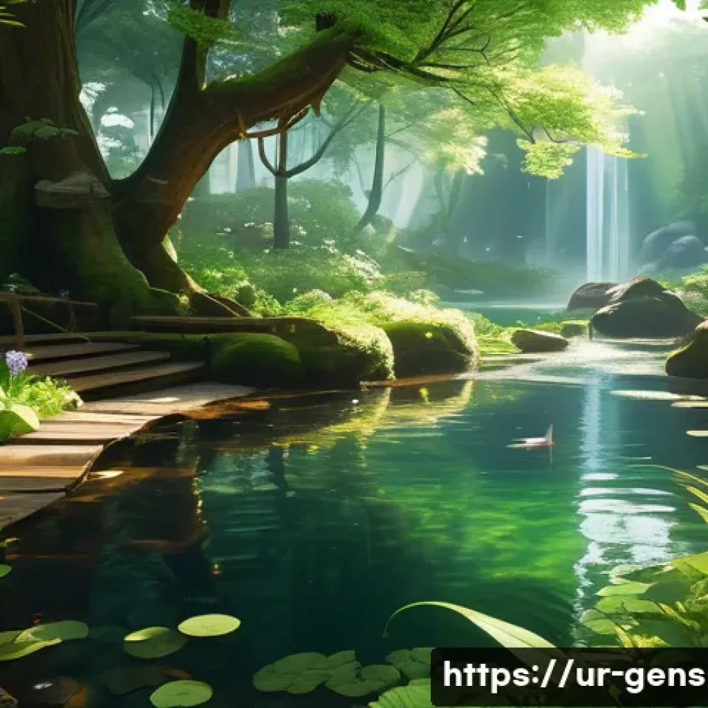 원신 숨겨진 비경 위치 - A serene, lush forest scene inspired by Genshin Impact, featuring dense green foliage, sun rays soft...