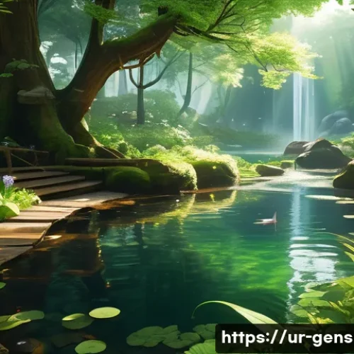 원신 숨겨진 비경 위치 - A serene, lush forest scene inspired by Genshin Impact, featuring dense green foliage, sun rays soft...