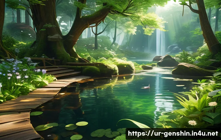 원신 숨겨진 비경 위치 - A serene, lush forest scene inspired by Genshin Impact, featuring dense green foliage, sun rays soft...