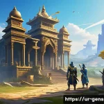 원신 일일 퀘스트 보상 최적화 - A detailed digital art scene of a player’s Genshin Impact character team preparing for daily mission...