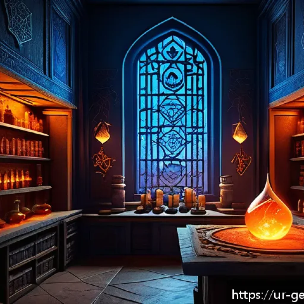 원신 연금 시스템 가이드 - A detailed fantasy alchemy laboratory scene inspired by Genshin Impact, showcasing glowing elemental...