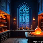 원신 연금 시스템 가이드 - A detailed fantasy alchemy laboratory scene inspired by Genshin Impact, showcasing glowing elemental...