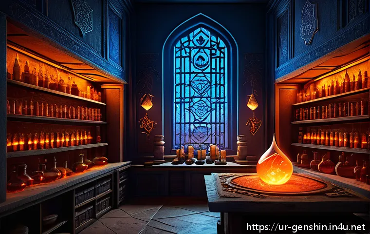 원신 연금 시스템 가이드 - A detailed fantasy alchemy laboratory scene inspired by Genshin Impact, showcasing glowing elemental...