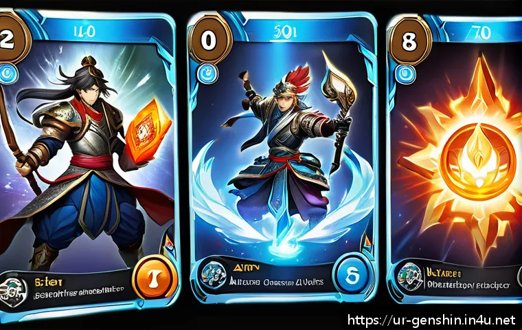 원신 TCG 카드 모음 - A dynamic scene of a strategic Genshin Impact TCG battle in progress, featuring a diverse set of car...