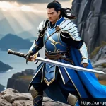 원신 전용 무기 비교 분석 - A detailed fantasy scene showcasing a skilled Genshin Impact swordsman character wielding the Aquila...