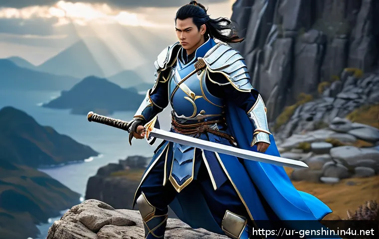 원신 전용 무기 비교 분석 - A detailed fantasy scene showcasing a skilled Genshin Impact swordsman character wielding the Aquila...