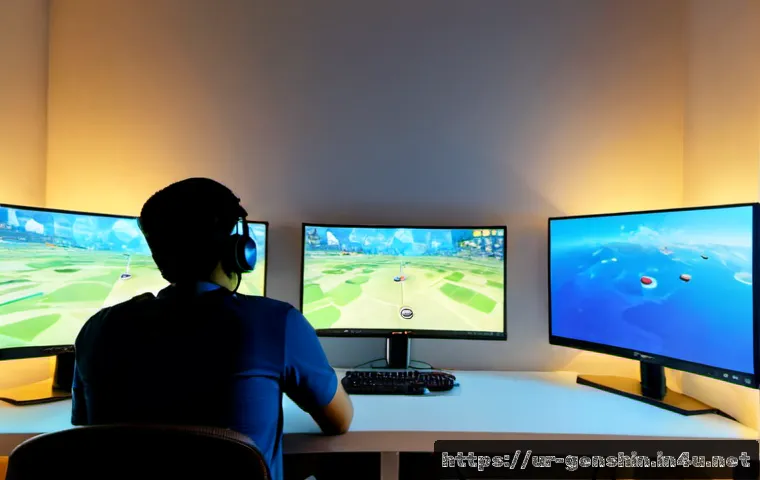 Home 17 원신 중국 서버와 글로벌 서버 차이 - Photorealistic Pakistani young adult gamer at a tidy desk in Lahore, comparing two side-by-side moni...