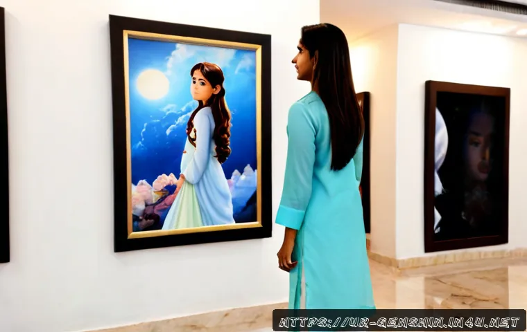 Home 30 원신 팬아트 갤러리 추천 - Photorealistic contemporary art gallery in Lahore, Pakistan, featuring a young Urdu-speaking woman i...