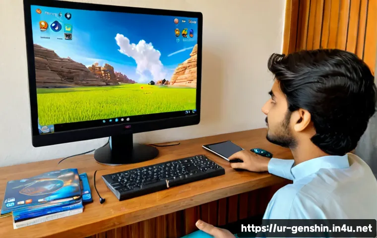 Home 17 원신 계정 간 데이터 이전 방법 - Photorealistic over-the-shoulder view of a young Pakistani gamer in a neat home study, wearing modes...