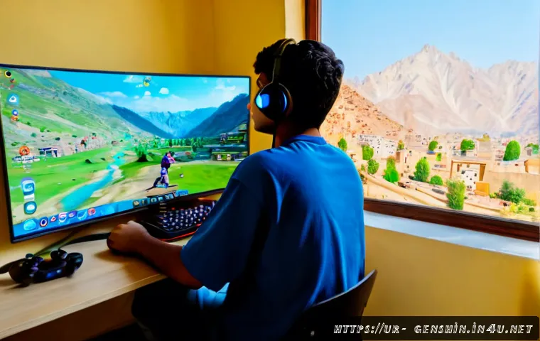 원신 초보 유저 게임플레이 - Photorealistic Pakistani teenage gamer in a tidy Lahore bedroom, seated at a desk with a controller,...